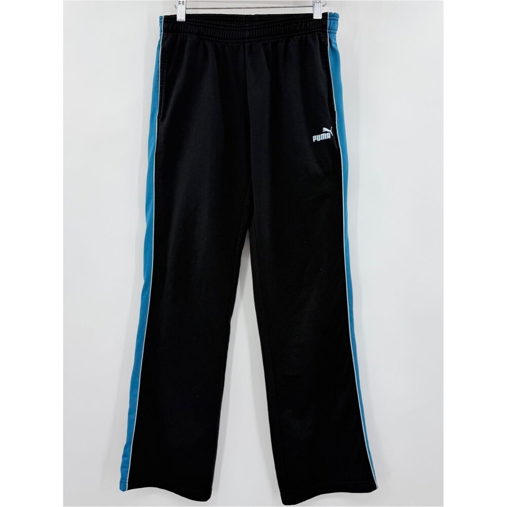 Puma Womens Wide Leg Track Pants Black Blue Side Stripe Athletic Trousers Size M